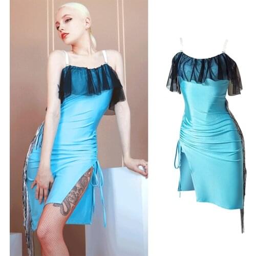 Female Blue Latin Dance Dress Mesh Ruffle Tassel Rumba Samba Performance Stage Costume Summer Tango Competition Clothes VDB3911