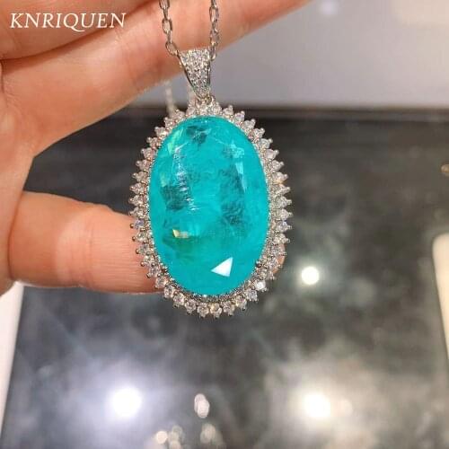 New Romantic Sterling Silver 925 Blue Stone Paraiba Aquamarine Lab Diamond Wedding Pendant Necklace for Women Fine Jewelry Gifts