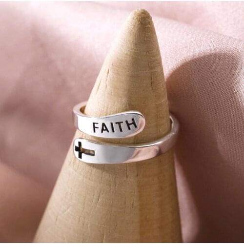 Vintage Silver Color Hollow Jesus Cross Letter Faith Adjust Size Finger Ring For Women Teens Fashion Jewelry Gift