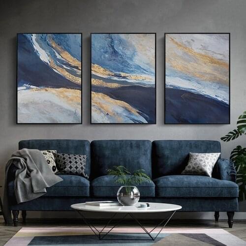Golden Abstract Landscape Canvas Painting Simplicity Artwork Blue Posters and Prints Modern Wall Pictures for Living Room Decor