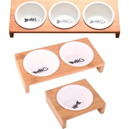 1pcs Elevated Pet Bowls, Raised Dog Cat Feeder Solid Bamboo Stand Ceramic Food Feedin