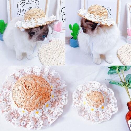 1PC Pets Straw Hat Handcrafted Adjustable Floral Summer Spring Cats Dogs Pets Cap Daily Decor Sunhat