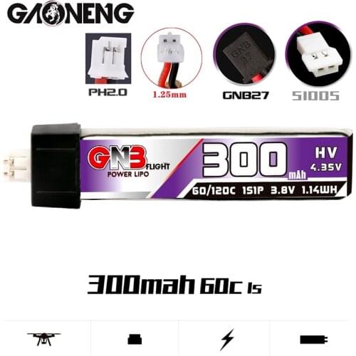 10PCS GNB 1S 300mAh 3.8V 60C HV Lipo Battery PH2.0/1.25/GNB27/51005 Plug for US65 UK65 Inductrix Beta65S Tiny Whoop Drone