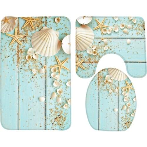 3pcs Bath Mat Set Beach Starfish Decoration Shells Pebbles Pattern Bathroom Rug Anti Slip Toilet Mat Set Bathroom Products