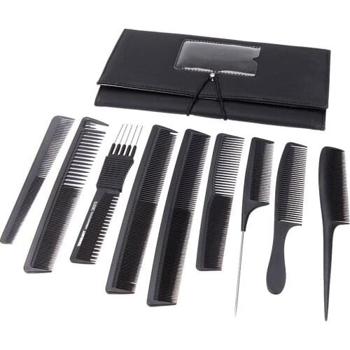9pcs Black Pro Salon Hair Comb Set Plastic Barbers Cutting Combs Set with a Pouch Holder Case
