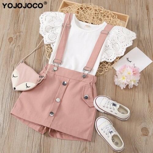 Kids Baby Girls Summer Fly Sleeve Tops Solid T-shirts overalls Toddler Children Casual Clothes Sets 2pcs 1-6Y