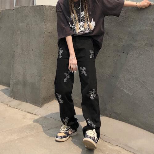 Rhinestone Cross Jeans Men and Women Trendy Brand Straight Loose Wide Let Pants American Streetwear Retro Vintage Long Black
