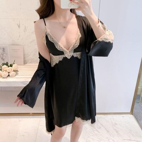 MECHCITIZ Sexy Lace Lady Robe Suit Satin Bride Bridesmaid Kimono Bathrobe Gown Mini Sleepwear Pajamas Sets Intimate Lingerie