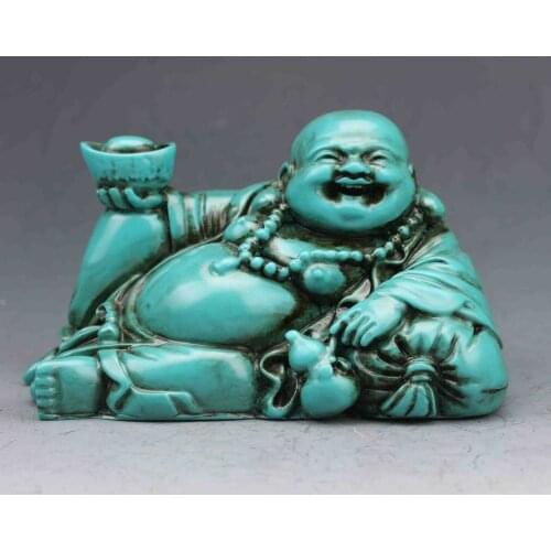 China antiques Hand-carved Turquoise Seated Maitreya Buddha ingot gourd Statue