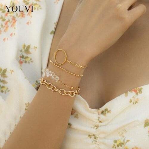 YOUVI Vintage Crystal Bracelets Set For Women Korean Female Heart Pearl Bangles Bracelets on Hand Charms Fashion Couple Jewelry
