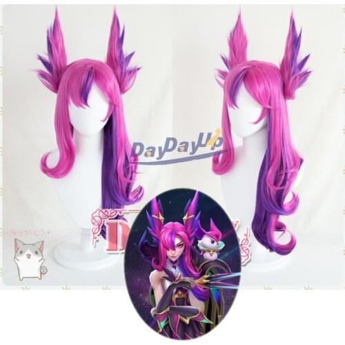 LOL Star Guardian Xayah The Rebel Pink Purple with Ear Cosplay Role Play Synthetic Hair Carnival Halloween Party + Free Wig Cap