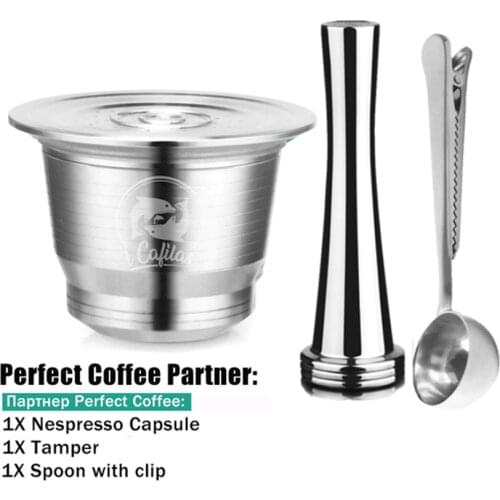 Stainless Steel Nespresso Coffee Filter Reusable Capsule +Stainless CoffeeTamper +Multifunction Metal Coffee Spoon with Clip