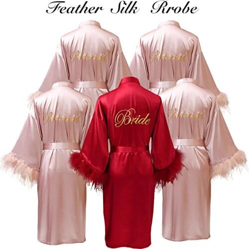 New FEATHER Bride Bridesmaid Wedding Robe Short Satin 2021 Nightwear Intimate Lingerie Women Kimono Bathrobe Gown Nightgown