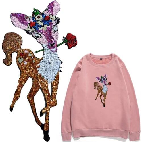 Deer Animal Sequin Patches With Flower For Clothing Iron On Embroidery Sticker Stripes Sew Accessories DIY Handmade Hoodie Logo