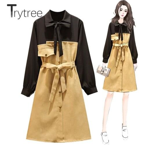 Trytree 2021 Spring Autumn Womens Dress Casual Belt Turn-dow Collar Panelled Colours Single Breasted Office Lady Shirt Dress