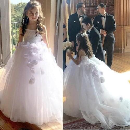 White Flower Girl Dresses for Weddings Spaghetti Sweep Train Lace HandMade Flowers Child Birthday Party First Communion Gowns