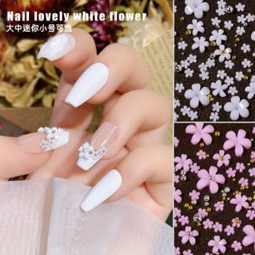 Resin Five-Petal Flower Small White flower Three-dimensional Gold /Silver Nail Art Decals Decoration Manicure Steel ball Design