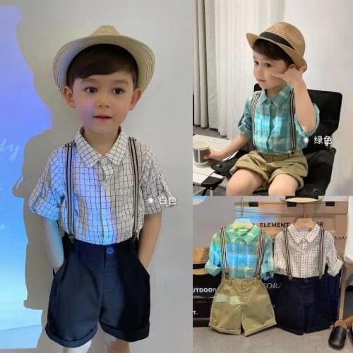 Korean Summer cotton cool gentleman Sleeve Shirts Boys Casual Vintage Turn-down Collar Plaid Loose Shirt + Short Overalls 2pcs