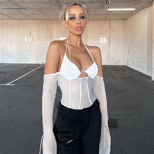 Sexy Mesh Sheer Woman Tshirt 2021 Summer Clothes Club Elegant Cute Tee Crop Top for Women Off Shoulder Backless T Shirt