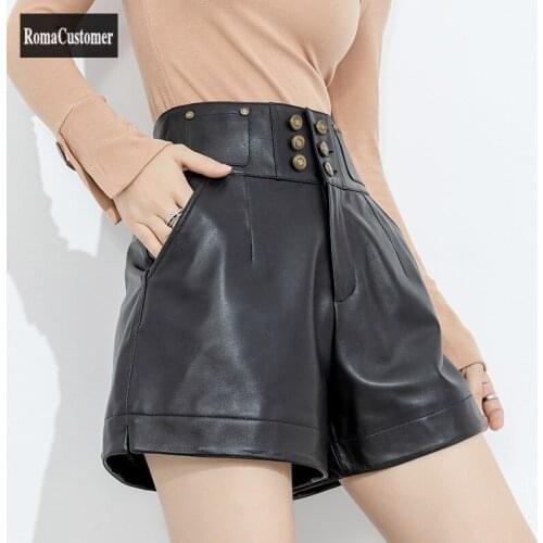 Fashion Leather Shorts Womens 2021 New Autumn Outdoor High Waist Genuine Leather Fashion Sheepskin A-Line Wide Leg Shorts