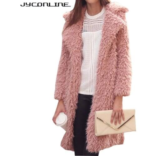 2019 Winter Women Fur Coat Womens Jacket Faux Fur Coat Female Lamb Wool Coat Pink Overcoat Long Sleeve Cardigan Outwear Casaco