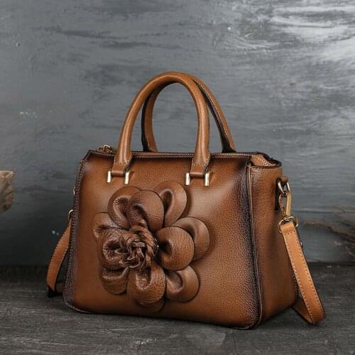 Flower Embossed Womens Bag Retro Real Genuine Leather Handbag For Women Chinese Style Crossbody Bag Soft Cowhide Shoulder Bags