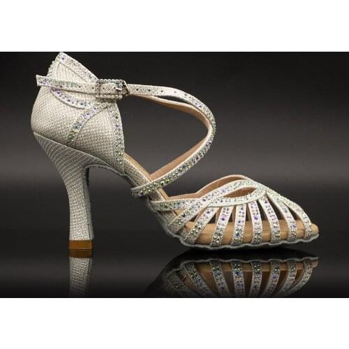 Suphini【Crush】9 Strap Crystal 8.5cm Flare Heel Latin Sandals