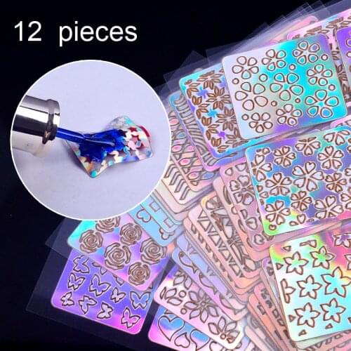 12 Sheets/Lot Laser Nail Vinyls Laser Irregular Grid Stencil Polish Transfer Manicure Tools Nail Art Stickers Stamping Template