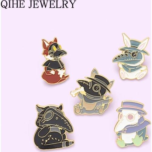 Plague Doctor Soft Enamel Pin Fox Rabbit Penguin Animal Brooches for Women Bag Lapel Pin Funny Badge Jewelry Gift 2021 Wholesale