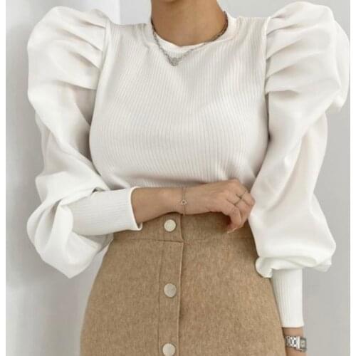 Korean Chic Early Autumn Light Mature Temperament Fashion All-Match Puff Sleeve Knit Stitching Round Neck T-Shirt Top Women