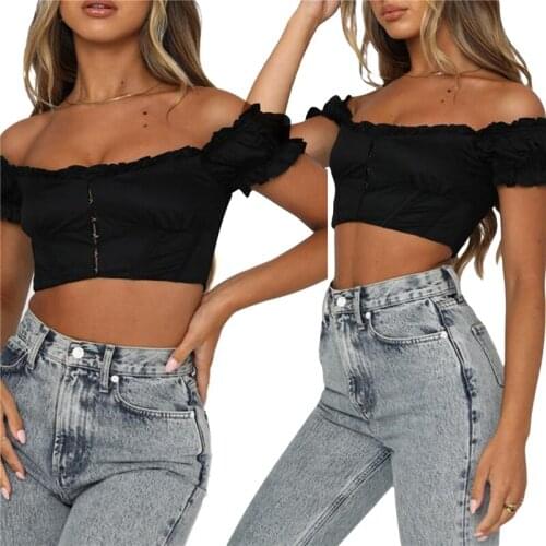 Womens Off Shoulder Crop Tops Sexy Short Sleeve Central Single-Row Clasp Frill T-Shirt