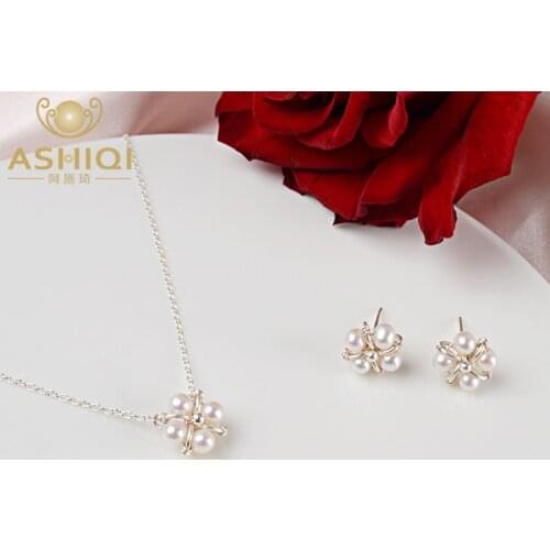 ASHIQI Real Natural Freshwater Pearl Handmade Jewelry Sets & More 925 Silver Necklace Earrings for Women Wedding Gift