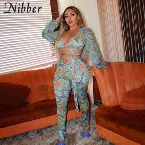Nibber Summer Mesh 2 Two Piece Sets Women Outfits Bandage Long Sleeve Hollow Out Crop Top Print Pants Streetwear Bodycon Suits