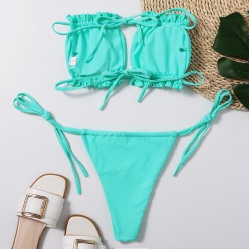 Women Sexy 2pcs Solid Bikini Set Ruched Strapless Hollow Out Bandeau Swimsuit