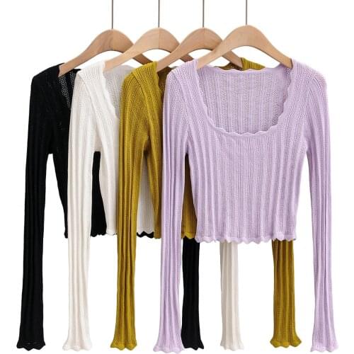 Women Sweater U-neck Lace Long-sleeved Sweater Womens Short Pullover Slim High Waist Thin Retro Sweater