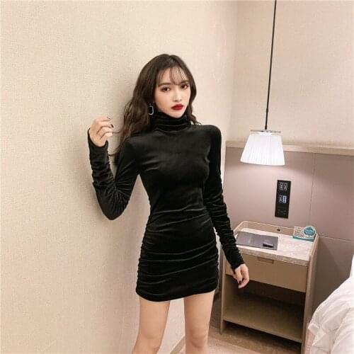 Autumn Winter Gothic Vintage Sexy Black High Collar velvet Dress Women Elegant Fashion Long Sleeve High Waist Party Dresses New