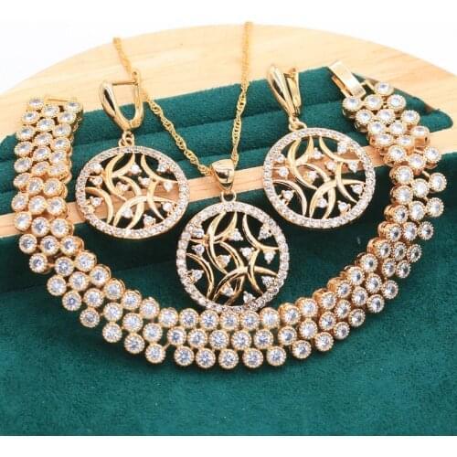 Gold Colored Jewelry Sets For Women Birthday Gift White Zircon Bracelet Earrings Wedding Necklace Pendant Ring Free Box