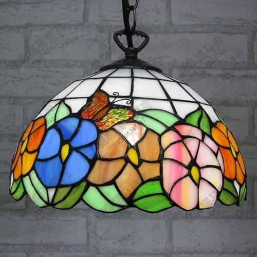 10inch Country butterfly flower Tiffany pendant light Country Style Stained Glass Lamp for Bedroom E27 110-240V