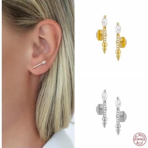 GS 925 Sterling Silver Crystal Arrow Studs Earrings For Women Girls Cool Punk Rock Shiny Zircon Earring Jewel Bridesmaid Gift