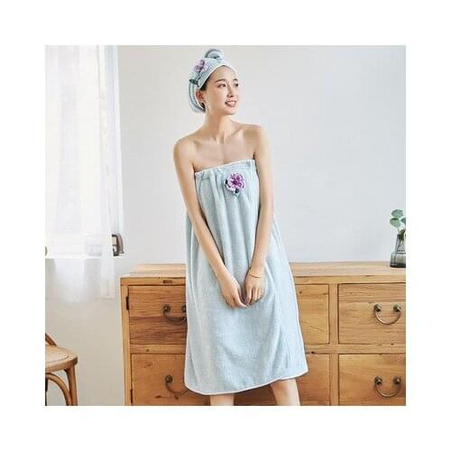1Set Towelling Bathrobe Bathroom Soft Absorbent Wrap Bath Towel With Dry Hair Cap Fashion Flower Decor Quick Drying Towel Dress
