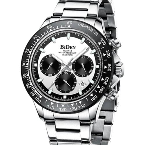 Mens Watches Top Brand Luxury BIDEN Silver Stainless Steel 3Bar Waterproof Casual Business Sport Wristwatch for Men Gift Clock