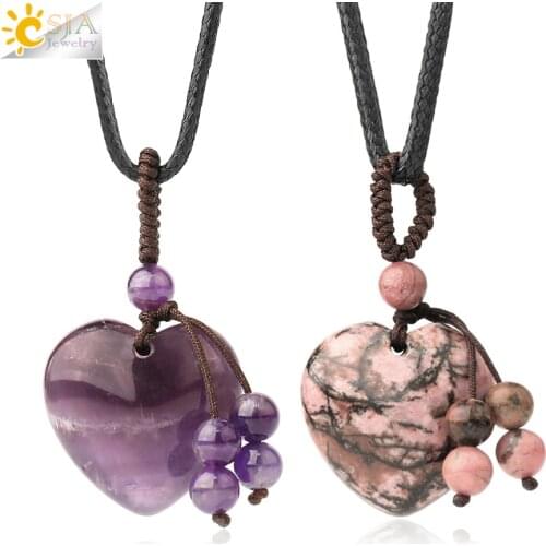 CSJA 25mm Heart Natural Stone Pendant Necklaces Purple Crystal Sodalite Braided Rope Pendants Charm Jewelry for Women Gifts G535