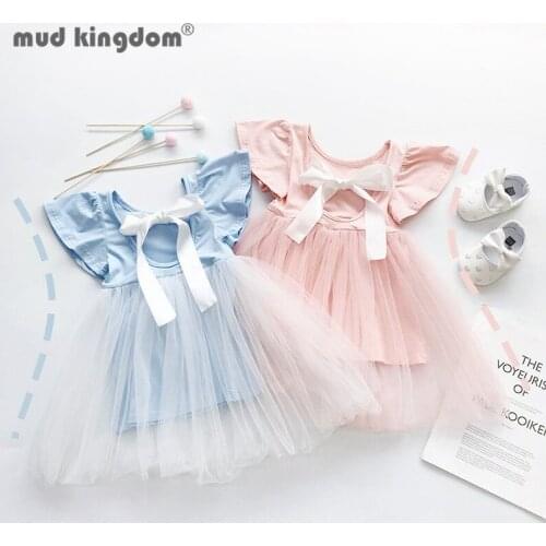 Mudkingdom Cute Girls Dress Fashion Back Hollow Bow Solid Mesh Ball Gown Princess Dresses Little Girl Summer Cotton Kids Clothes