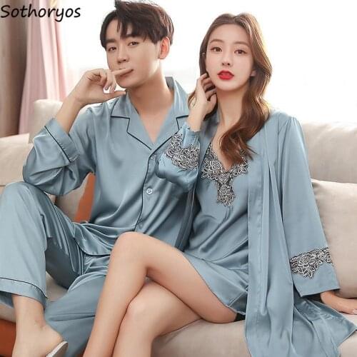 Gown Sets Women Couples Silk Sexy Sleepwear Lace Bathrobe Sleep Set Two Piece Floral Home Clothing Trendy Loose Nightdress New
