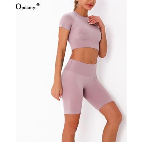 Gym Workout Set Women Yoga Shorts Set 2Piece Fitness Outfit Feamle Seamless Leggings Sports Short sleeve Crop Tops Gym Clothing