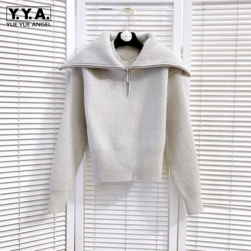 Korean Style New Womens Turn-Down Collar Pullover Zippers Fashion Sweater Jackets Office Lady Slim Elegant Solid Sweater