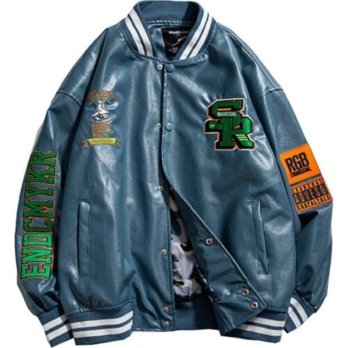 Original New Autumn Pu Leather Patchwork Towel Embroid Men Baseball Letter Jacket Unisex Women Oversize Varsity Motorcycle Label