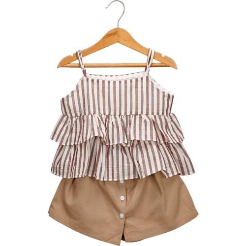 Summer cotton striped 2 pcs set ruffle t-shirt+loose short pants sets age for 2 -8 yrs little girls bohemian style beach clothes