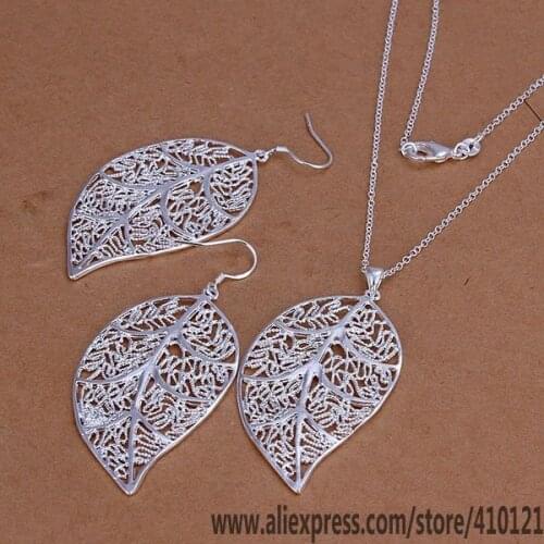 S180 Hot Sale Silver Color Fine Jewelry Sets,Wholesale Fashion Jewelry Elegant Charms Fashion Set Leaf Earrings Necklace