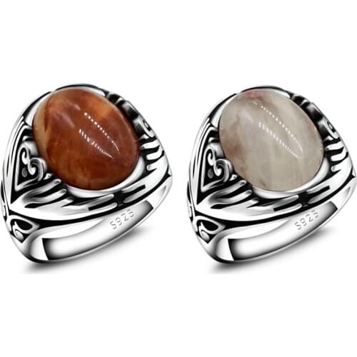 Mens Natural Quartzite Ring Genuine 925 Sterling Silver Oval Gemstone Ring With Exquisitely Carved Silver Jewelry Gift